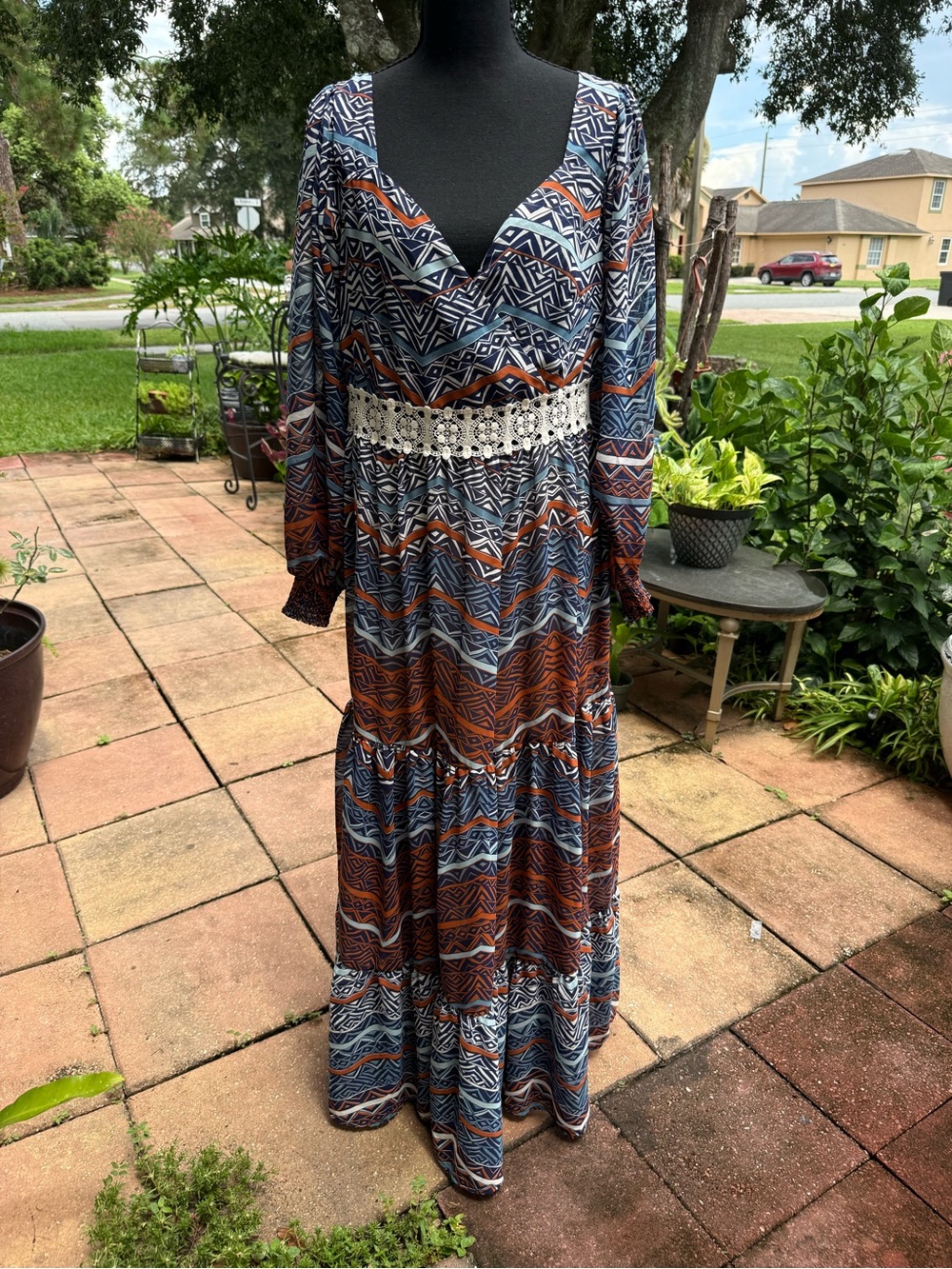 VENUS Geometric Chevron Maxi Dress in Navy and Rust